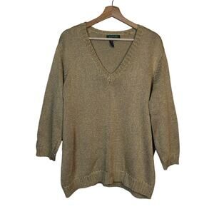 Lauren Ralph Lauren Gold Metallic Knit V Neck Pullover Sweater size 3X Rich Mom
